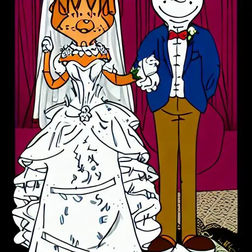 Prompt: garfield cat, adult woman, in bride dress, marrying jon arbuckle in a very fancy suit, anime art style