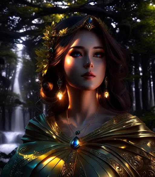 Prompt: 3D HD dramatic cinematic lighting [({one}{(Beautiful benevolent {goddess}female liquid}, expansive magical forest background, hyper realistic, 8K --s98500