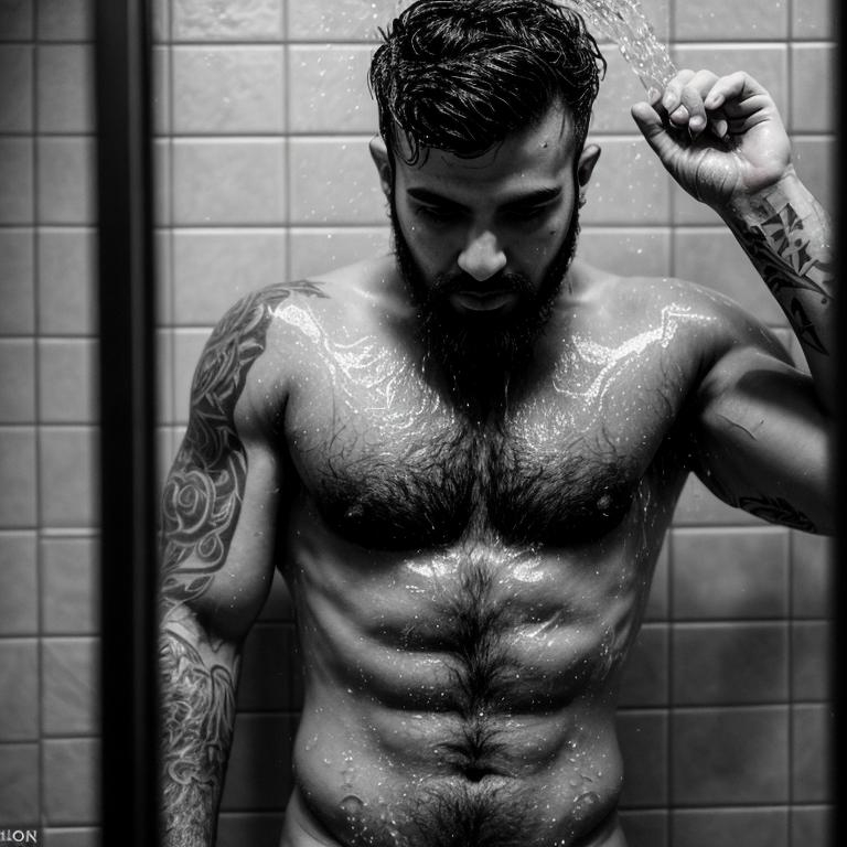 Sensual, hairy chested, demonic tattooed, soaked, ar... OpenArt