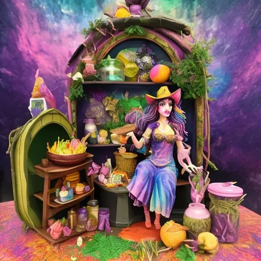 Prompt: Herbalist witch diorama in the style of Lisa frank 