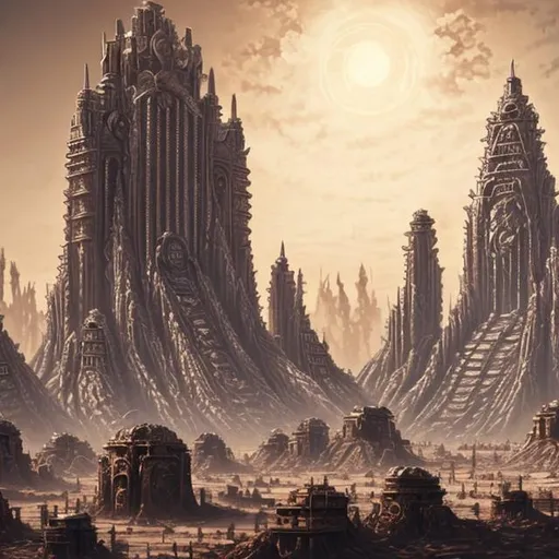 Prompt: desert, warhammer 40k hive city, beautiful city, white, tall, huge, hive city, capitol
