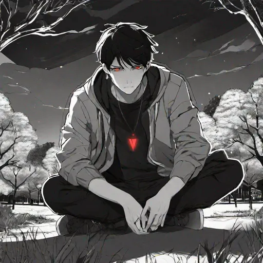 Prompt: Damien (male, short black hair, red eyes) in the park at night, casual outfit, dark out, nighttime, midnight, on his knees, screaming in pain, hands on his head