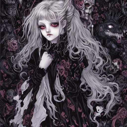 Prompt: Teenaged blonde hair ghost girl, goth clothes, in a dark sombre room, style of Ayami Kojima