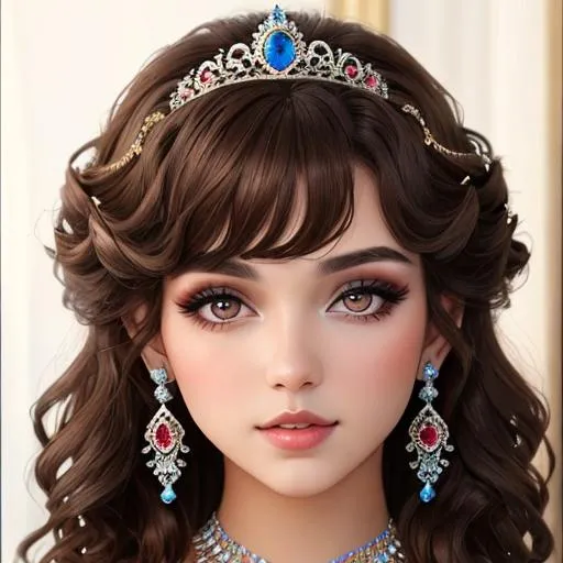 Prompt: Princess with pretty jewelry and makeup, curly brown hair, dark eyes
