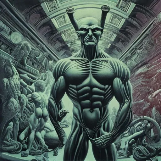 Prompt: Bodybuilding Anti-Laocoon by Ernst Fuchs, playing guitar for tips in a busy alien mall, widescreen, infinity vanishing point, galaxy background