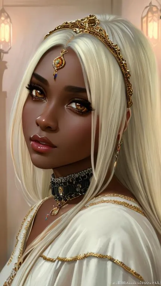 Prompt: UHD, 8k, high quality, ultra quality, cinematic lighting, special effects, hyper realism, hyper realistic, Very detailed, high detailed face, high detailed eyes, medieval, fantasy, oil painting, portrait, woman, black skin, gorgeous, cute, young, thick girl, robes