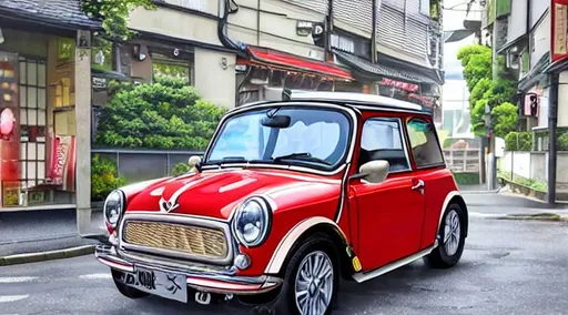 Prompt: An anime scene illustration of a classic Morris Mini. It is parked on the side of the street in tokyo. It is daytime and the scene is bright and well lit. There is a small cafe in the background. The scene creates a feeling of connection. 
