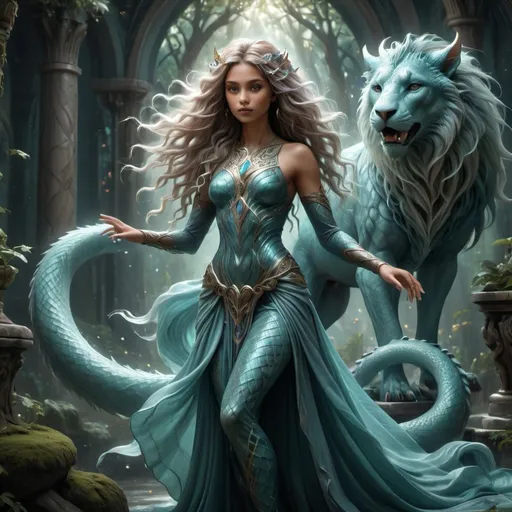 Prompt: Full-body pose of a stunning female human mashup with a mythical beast, enchanting blend of elegance and power, flowing hair cascading, mystical aura surrounding, detailed mythical features, dramatic lighting illuminating forms, intricate textures in skin and scales, surreal yet captivating atmosphere, lush fantasy background with ethereal elements, ultra-detailed, 4K quality.