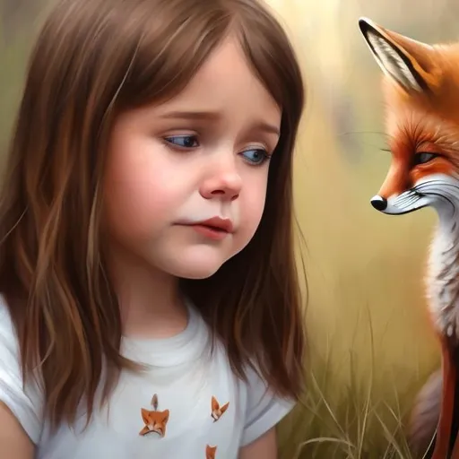 Prompt: Brown hair girl tears in her eyes looking at a baby fox realistic painting