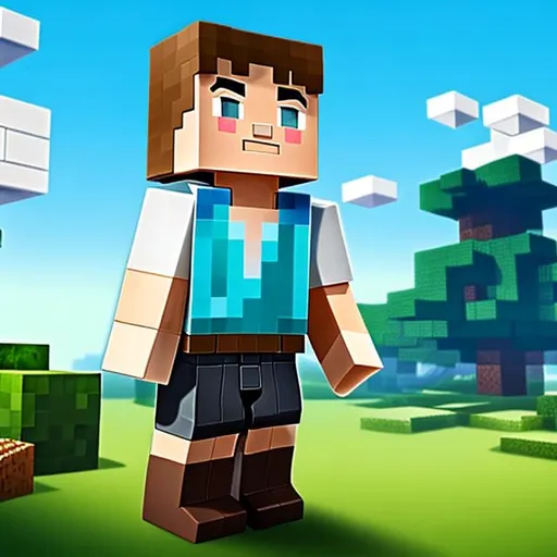 Prompt: Alex's design is reminiscent of the iconic Minecraft aesthetic, blending both practicality and a touch of whimsy. She has a lean and athletic build, representing her active lifestyle in the blocky world. Her skin has a slight tan, hinting at the countless hours she spends under the virtual sun. Alex's most recognizable feature is her vibrant, pixelated hair. It comes in a bold shade of either sandy brown or dark brown, with square-shaped bangs framing her face. The rest of her hair is styled in a short, choppy pixie cut, giving her a practical yet fashionable appearance. Her outfit is a mixture of comfortable and durable clothing suitable for her adventures. She wears a sleeveless tunic or hoodie, made from a sturdy fabric resembling Minecraft blocks. The tunic could be a combination of earthy tones, such as green and brown, or a vibrant color palette inspired by the game's blocky landscapes. It may also feature accents or prints resembling pixelated textures. Alex wears practical pants or shorts, typically in a neutral color like dark gray or brown. These pants have numerous pockets to hold her tools and items necessary for her expeditions. She completes her outfit with sturdy boots, designed for traversing diverse terrains. To reflect her resourcefulness, Alex always carries a trusty tool or weapon by her side. This could be a pixelated pickaxe, a sword, or a bow and arrow, depending on her current adventure or task at hand. The tool may have unique designs or engravings, showcasing her personal touch and craftsmanship. Alex's design may also incorporate accessories that symbolize her connection to the Minecraft world. These could include a blocky necklace or bracelet made from pixelated beads, representing different Minecraft materials or elements. Additionally, she may have a small Minecraft-inspired companion, such as a pet wolf or a parrot, accompanying her on her journeys.