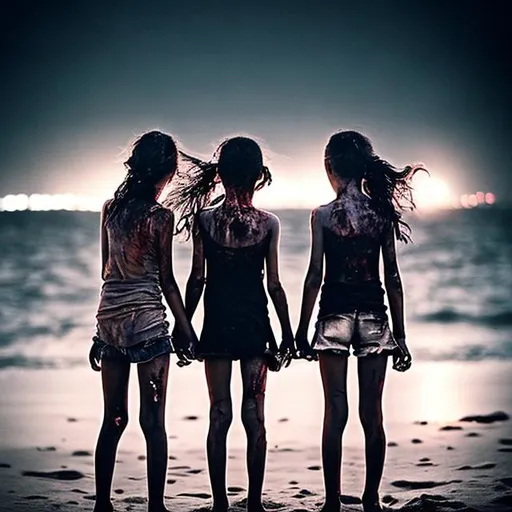 Prompt: On the beach during summer.
There is a moon eclipse on the back and red lights behind the moon.
A couple of girl holds her hands.
The camera watch the girls from behind. The girls are covered by blood and one of them has a blade.
A lot of zombies running towards the girl but we can see only the shape of the zombies.
The girls are in the foreground and the zombies are in the background.
The girls are not zombies.
Girls do not look at the camera.
The color are warm but the sky is dark and cold.
Looks like a Lee Bermejo artstyle but colored by Marvel artist
