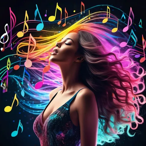 Prompt: 3D render of a woman with long flowing hair made of cascading musical notes, each note releasing a burst of vibrant color. Around her, ethereal particles of neon hues move, capturing the essence of a musical symphony in a visual spectacle.