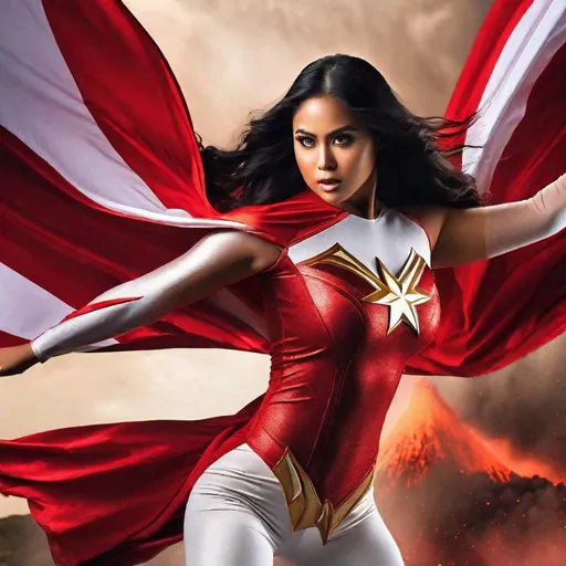 Prompt: RAW photo, curvy young Indonesian woman, 25 year old, (round face, high cheekbones, almond-shaped brown eyes, small delicate nose, long flowing black hair), red and white superhero costume, mask, flying, mid-air, dynamic pose, background exploding volcano, tropical scene, masterpiece, intricate detail