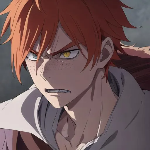 Prompt: Erikku male adult (short ginger hair, freckles, right eye blue left eye purple) UHD, 8K, Highly detailed, insane detail, best quality, high quality, in pain, angry, almond shaped eyes, furrowed brows