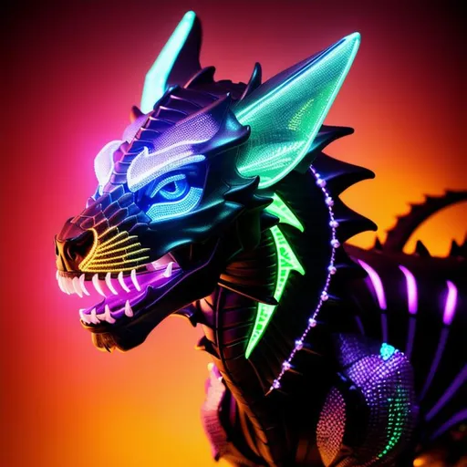 Prompt: portrait of a roaring neon skeleton dragon with iridescent black markings and a cute face, perfect composition, hyperrealistic, super detailed, 8k, high quality, trending art, trending on artstation, sharp focus, studio photo, intricate details, highly detailed