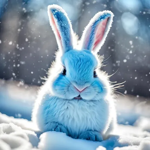 Prompt: A light blue bunny in the snow having fun