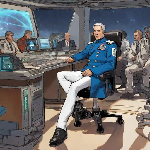 Prompt: a scifi american admiral. 55 years old. He wears a  20th century blue coat. white pants. black boots. in background a spaceport. he is sitting to a holographic desk surrounded by petty  officials. rpg. rpg art. 2d art. 2d. well draw face. detailed.