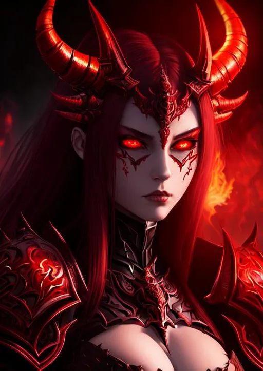 Prompt: portrait of female demon , demonic, eyes mask, fiery crimson hair, negative emotions, glowing red eyes, satanic, fantasy art, majestic, sharp armored, fire element, catastrophic, loneliness, depressing, hopelessness, suffering, detailed lips, mesmerizing, gorgeous, stunning, highly detailed concept art, high resolution scan, hd octane render, cinematic light, intricate detailed, highly detailed face, unreal engine, trending on artstation, UHD, 8k, Very detailed