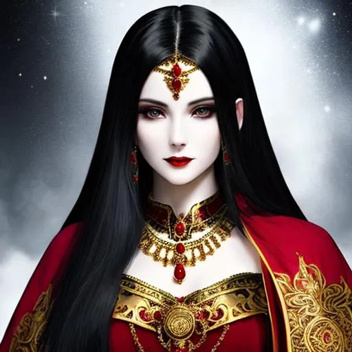 Prompt: The Vampire queen, pale skin, beautiful, grin, skeletal, long black hair, wearing a red cloak with golden ornate ornaments, wears a golden necklace with a red flower necklace, Elric, intricately detailed, cinematic