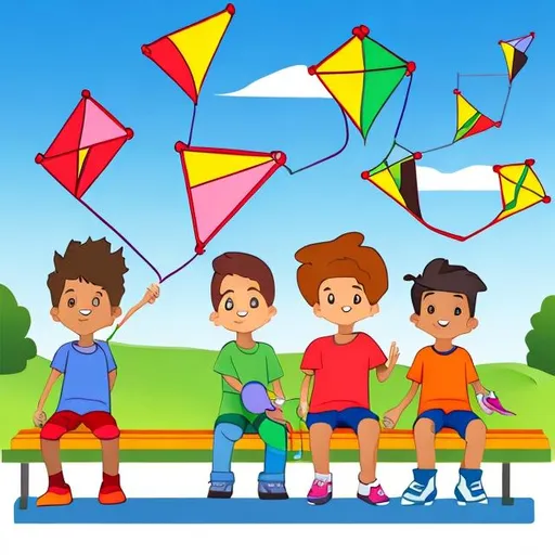 Prompt: clip art, three boys at a park with ADHD trying to fly their kites, there are people sitting on a bench next to them, it is mid afternoon