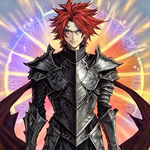 Prompt: E, a dragoon with an answer to everything, smirks a bit, as he remarks and answers. He fluctuates. The hair, from a blonde, black, brown, and red. His armored skin the same colors. His eyes, blue and green are added to the colors for the eyes, no red. Defined himself, by God and for God, existence itself even, and to Himself, for himself, to a tea. His is the letter. And to this letter the essence of everything. He makes sure of everything. 