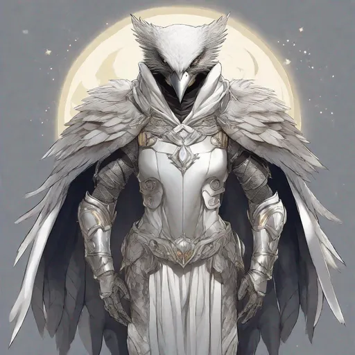Prompt: aarakocra, Wearing Minerva Bustier, moon-silver armor that glows with a white cape, masterpiece, best quality, in illustration style