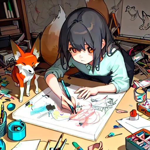 Prompt: a girl drawing a fox on a sketch pad while surrounded by broken toys and art supplies  