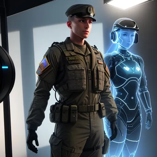 Prompt: (((a U.S. soldier talking to an AI hologram figure, translucent AI body))), (((hyper photorealistic))), (((12K resolution))), (((hyper quality))), (((hyper-detailed))), (((12K raytracing))), ((realistic lighting)), ((realistic shadows)), ((realistic textures)), (realistic reflections), ((depth of field))