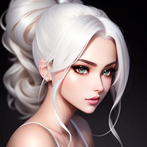 Prompt: {{{{highest quality stylized character masterpiece}}}} best award-winning digital oil painting with {{lifelike textures brush strokes}},
perfect upper body image of surrealistic provocative arousing seductive stunning beautiful feminine 22 year old anime like authentic girlfriend {{no makeup}} with {{wavy white hair bun}} and {{beautiful blue eyes}} wearing {{simple futuristic white clothing}} with deep exposed visible cleavage and tight beautiful belly pooch sitting on cozy bed in hyperrealistic intricate perfect 128k UHD HDR,
wonderful extremely detailed cute face with romance glamour beauty soft skin and red blush cheeks and cute sadistic smile and {{seductive love gaze at camera}}, 
perfect anatomy in perfect colored shaded composition of professional sharp focus RAW photography with depth of field, 
cinematic volumetric dramatic 3d lighting, 
{{sexy}}, 
{{huge breast}}, 
physics-based rendering, 
masterpiece