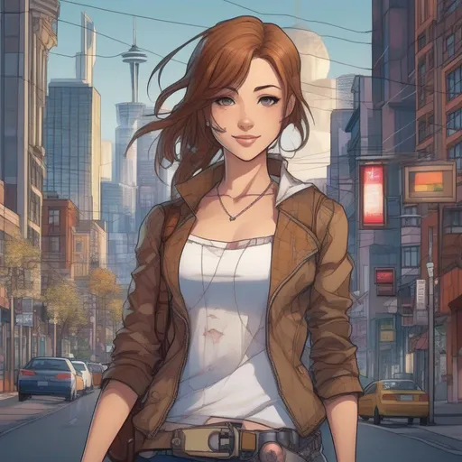 Prompt: Young woman, 24 years old, ((beautiful magical girl cyborg drawn in a manga style)), stitched skin, bleeding, smiling, brown hair, face seams, full body, mechanical limbs, fully clothed, disguised, normal clothes, streets of Seattle in the background