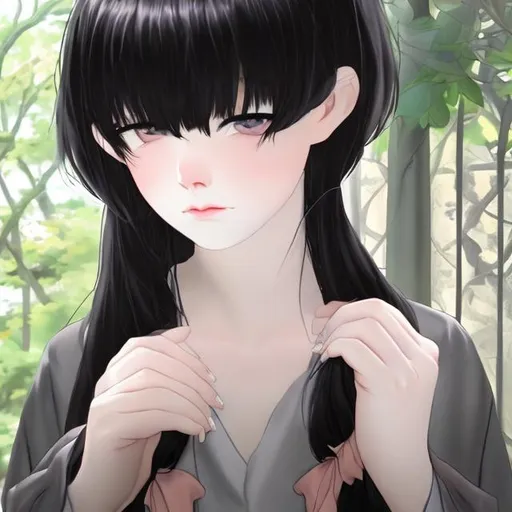 Prompt: Sad blind girl with black hair. She is noble but she wants to go to the garden. Anime style.