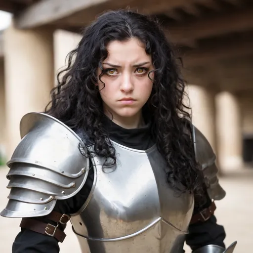 Prompt: young woman, long curly black hair, plate armor amber eyes, irritated, sabre