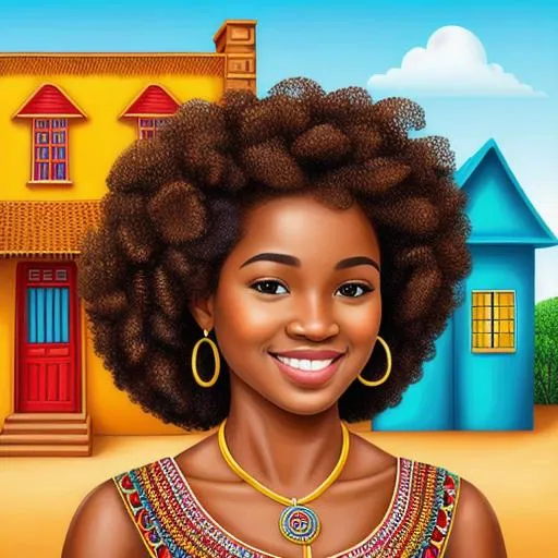 Prompt: long shot super detailed lifelike illustration, intricately detailed face, use your imagination, african women, african town with colorful house{background}, Georges woman, beautiful lips, big brown eyes, curly long hair, dark skin, perfect nose, smiling face, happy girl, sitting in front of a red house, show whole body, perfect shape of a body, white shoes.

old african town, colorful house.

masterpiece photoghrafic real digatal ultra realistic hyperdetailed 

 cinematic light, movie, high contrast 


volumetric lighting maximalist photo illustration 4k, resolution high res intricately detailed complex,

soft focus, realistic, heroic fantasy art, clean art, professional, colorful, rich deep color, concept art, CGI winning award, UHD, HDR, 8K, RPG, UHD render, HDR render, 3D render cinema 4D