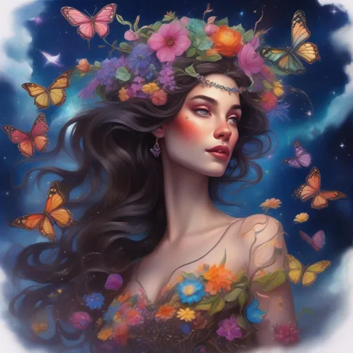 Prompt: A colourful and beautiful Persephone, she is a dragon woman, with scales for skin, antlers and gems in her brunette hair. In a beautiful flowing dress made of wildflowers. Surrounded by butterflies and birds. Framed by a nighttime sky of clouds, stars and constellations. In a photorealistic painted Disney style.