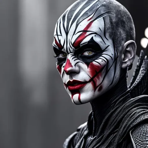 Prompt: monochrome, detailed face, taylor swift, beautiful, anorexic, skinny, the-joker face paint, darth-maul face paint, tall, scifi. dune 2021 armor