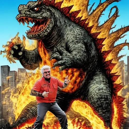 Prompt: Guy Fieri the size of Godzilla walking over Flavor Town