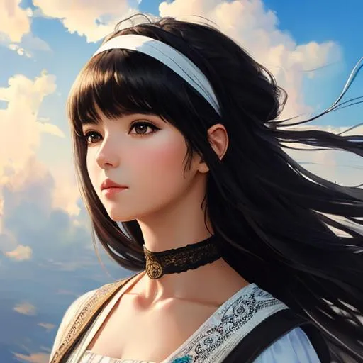 Prompt: masterpiece, realistic, extremely intricate, portrait of a girl, face, floting black hair, wind, cloud, wear bandana, simple choker, elegant clothes, sunlight, looking at the camera, cinematic light, bangs, hypernet:dalcefo_nocopy