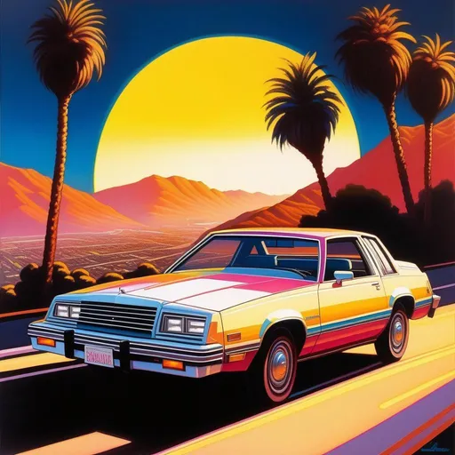 Prompt: 1980s, Los Angeles, neon, car chase, sunny weather, warm atmosphere, cartoony style, extremely detailed painting by Greg Rutkowski and by Henry Justice Ford and by Steve Henderson