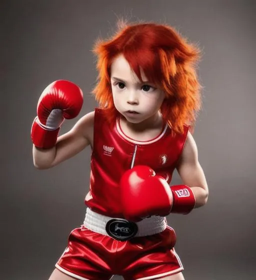 Prompt: child with facial features of knuckles the echidna, full body, red clothes, red hair, white boxing gloves