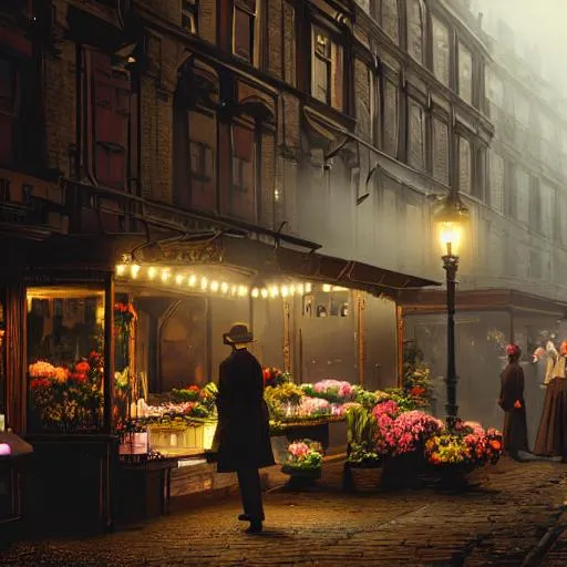 Prompt: 19th century London market, early morning, few people, flower seller, atmosphere, vibe, mist, smoke, chimney, sign over door reading "H.A. Thornes",  my fair lady, photo-realistic, dramatic lighting, morning, unreal engine, artstation, concept art, sharp focus, cinematic lighting, hyperrealism