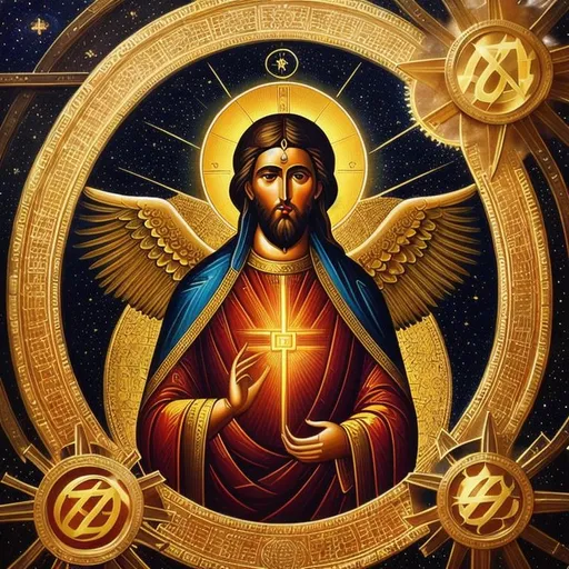 Prompt: Design visually captivating image: Orthodox Mount Athos iconography + stable fusion for ARCHANGEL project. Fusion reactor icon with golden backgrounds, halos, surrounded by scientist figures. Celestial backdrop: clouds, light rays. Intricate details, radiant energy, ARCHANGEL project symbolism. Blend Orthodox icon conventions with futuristic fusion vision. Represents transformative power of stable fusion, invites contemplation of science, spirituality, clean energy.