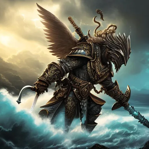 Prompt: photorealistic up CENTERED close UP image of a masculine brown-skinned man wearing a cross on his neck with large electric white  wings gripping THE HILT OF a glistening sword flying in the clouds  during storm in the ocean  fantasy art