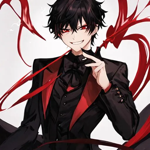 Prompt: Damien (male, short black hair, red eyes) grinning seductively, holding a whip, blowing a kiss 