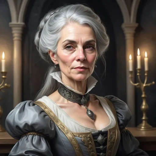 Prompt: human baroness, old, shrewd, wealthy, realistic, medival fantasy, portrait, grey hair