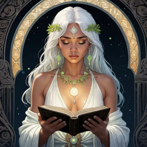 Prompt: tarot card anime illustration of an intuitive opalescent-haired bare chested Pacific Islander woman reading a prayer book, dressed like a priestess in a pearl white costume, dramatic lighting, she is calm, tarot card style, detailed peridot eyes, professional, highres, ultra-detailed, inner voice, dramatic lighting, ornate robes, priestess, calm gaze, mystical color palette, ornate details, mystical atmosphere