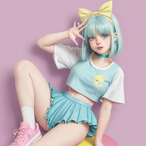 Prompt: Cute girl anime semi realistic has short chin length layered hair. Light blue color with bangs clipped to the side with a green bow color of hair is light blue light blue eyes long eyelashes winged eyeliner plum lipstick peach skin chubby cheeks wearing a short sleeve crop top with a yellow smiley face on it and is wearing also a pink tutu for her shoes she is wearing pink sneakers hightops in particular for the pose she has one hand on her hip With the the other hand being in a peace sign for her legs one is facing forward and the other one is slightly turned out