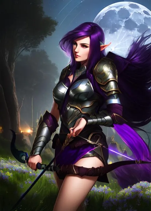 Prompt: Half body portrait of a gorgeous archeress , dark purple hair, blue eyes, thighs, standing , wearing elven armour, a dark ambient light in a moonlit landscape ,moonlight, green meadow white flowers , pretty girl, perfect anatomy, centered, highly detailed, character sheet, artstation, concept art, smooth, sharp focus, illustration, intricate, elegant, 8K,  unreal engine,symmetry, perspective 
