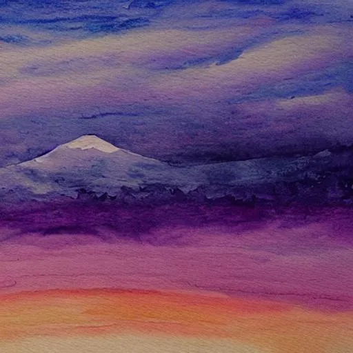 Prompt: Mountain with cloud all over it, heavy snow pouring down, water color painting, purple sun set

