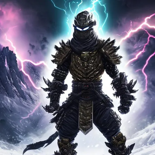 Prompt: sci-fi armoured ninja
 god in an electric aura in front of snowy mountain with thunder