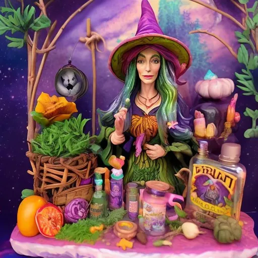 Prompt: Herbalist witch diorama in the style of Lisa frank 